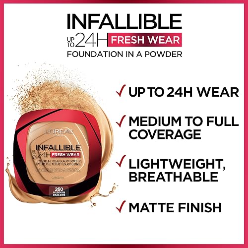 L'Oréal Paris Infallible 24H Fresh Wear, Base de Maquillaje en Polvo con SPF 25+, Alta Cobertura con Acabado Mate, Larga Duración y Control de Brillo, Tono 250 Radiant Sand