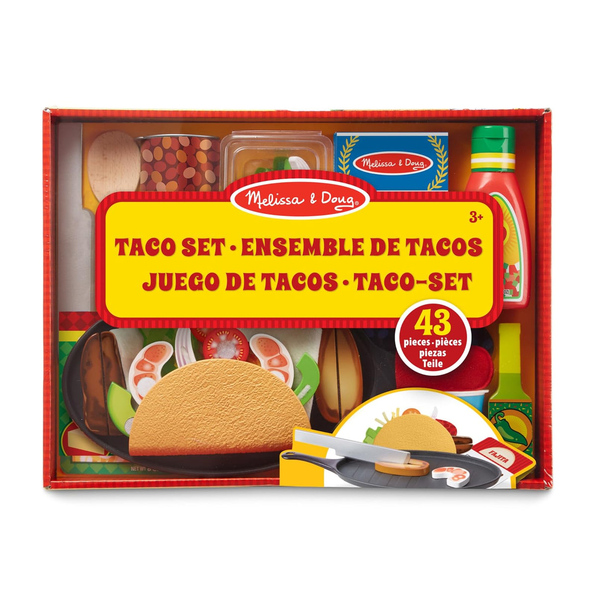Melissa & Doug Juego de Tacos y Tortilla Para Rellenar y Doblar, Comida de Juguete, Comida Mexicana de Juguete que se Puede Cortar, Juguete de Madera, Sartén y Más (43 Piezas)