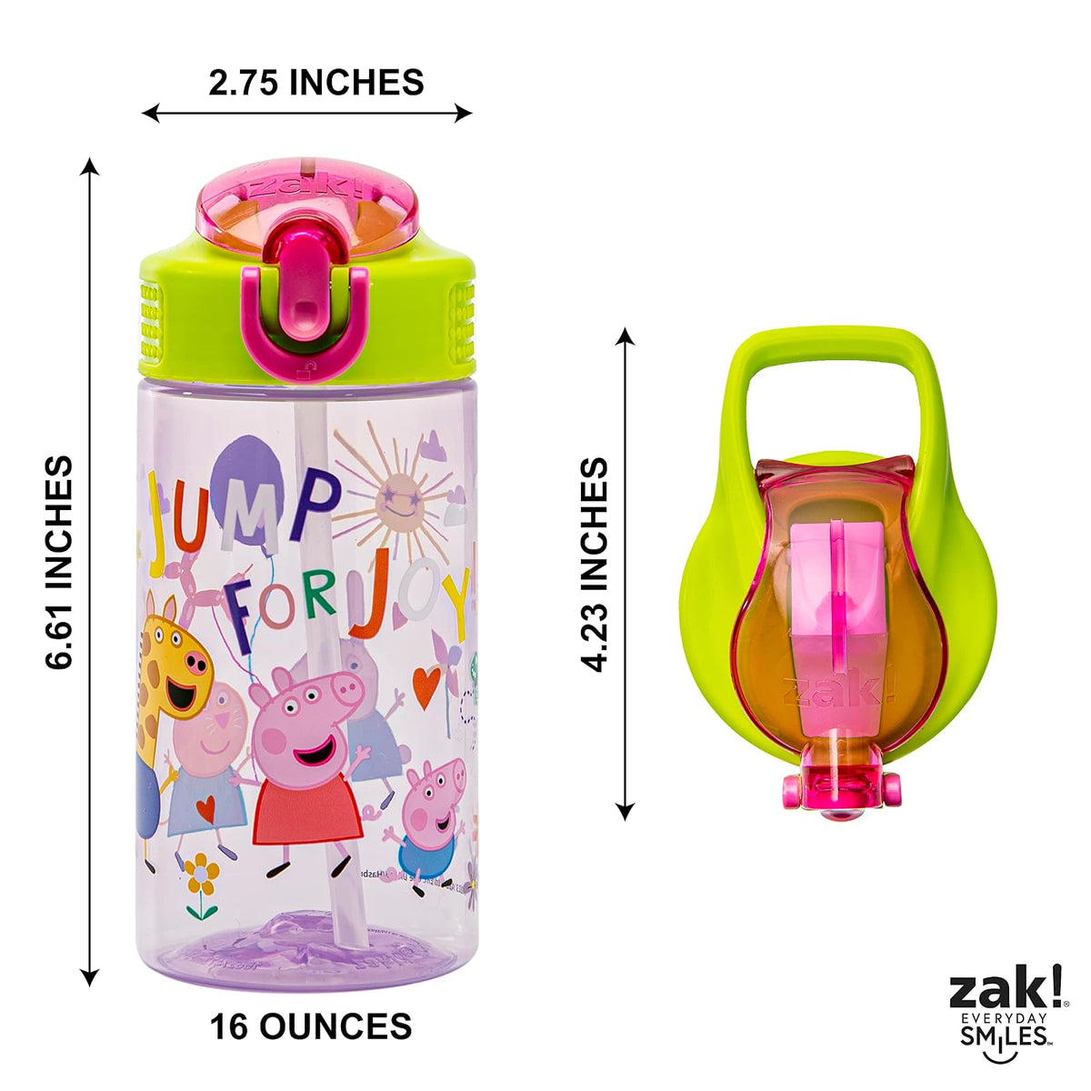 Zak Designs - Botella de agua de Peppa Pig de 16 onzas con Peppa & Friends, plástico duradero | Niños, para la escuela o viajes, con popote, mango, a prueba de fugas, cubierta de boquilla desplegable