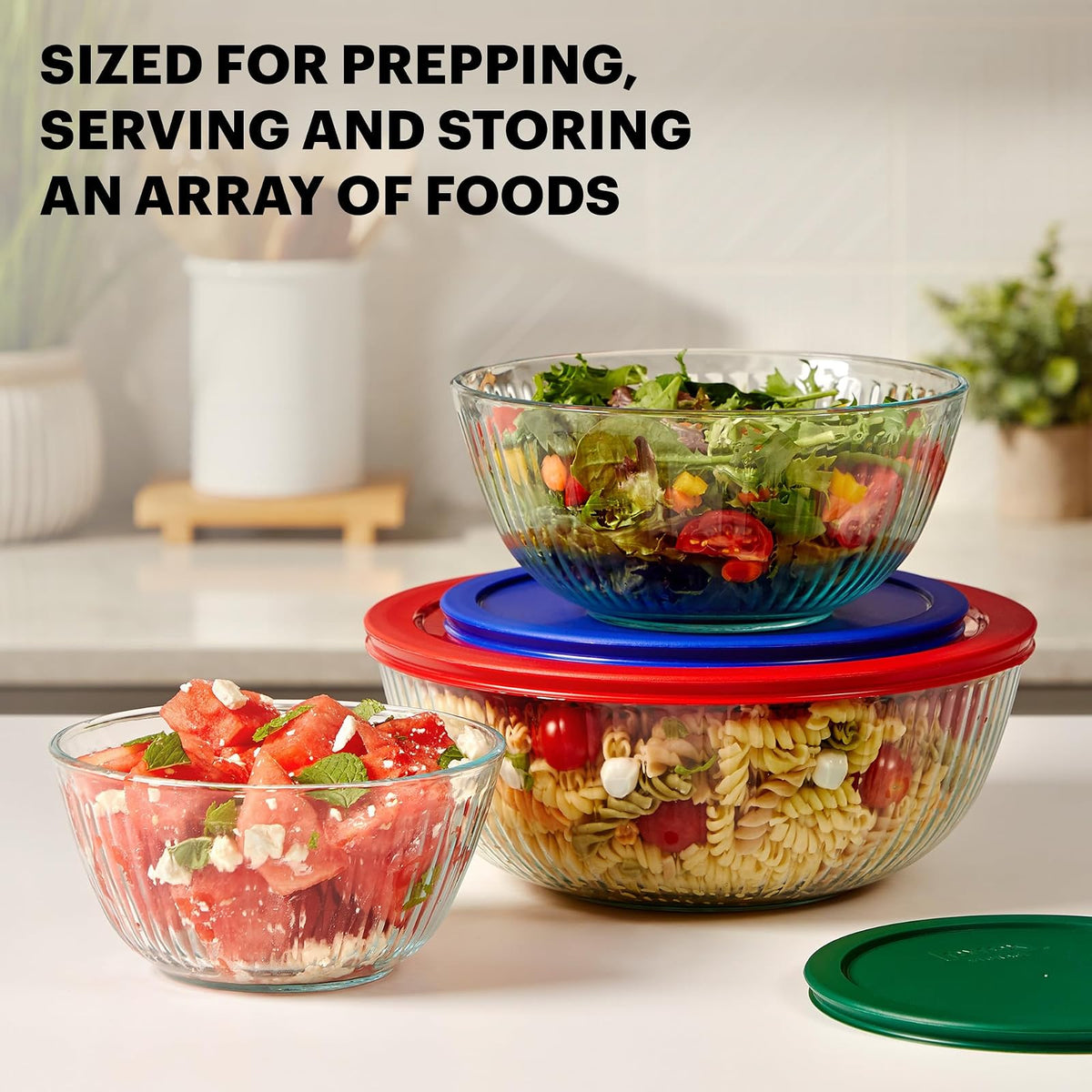 Pyrex - Juego de 3 cuencos de vidrio esculpidos con tapas para preparar, hornear y cocinar, horno precalentado, lavaplatos, congelador y microondas