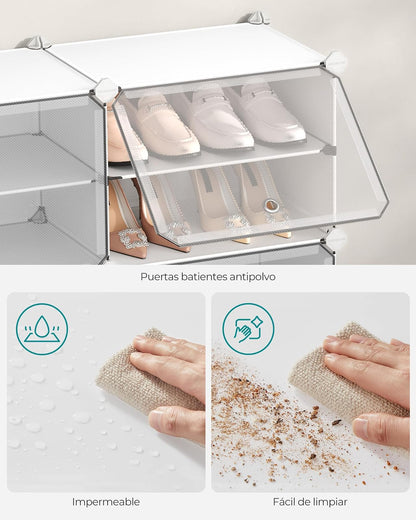 SONGMICS Zapatero Organizador de 8 Cubos con Puertas para 32 Pares, Marco de Acero y Panel de Plástico Blanco ULPC034W01