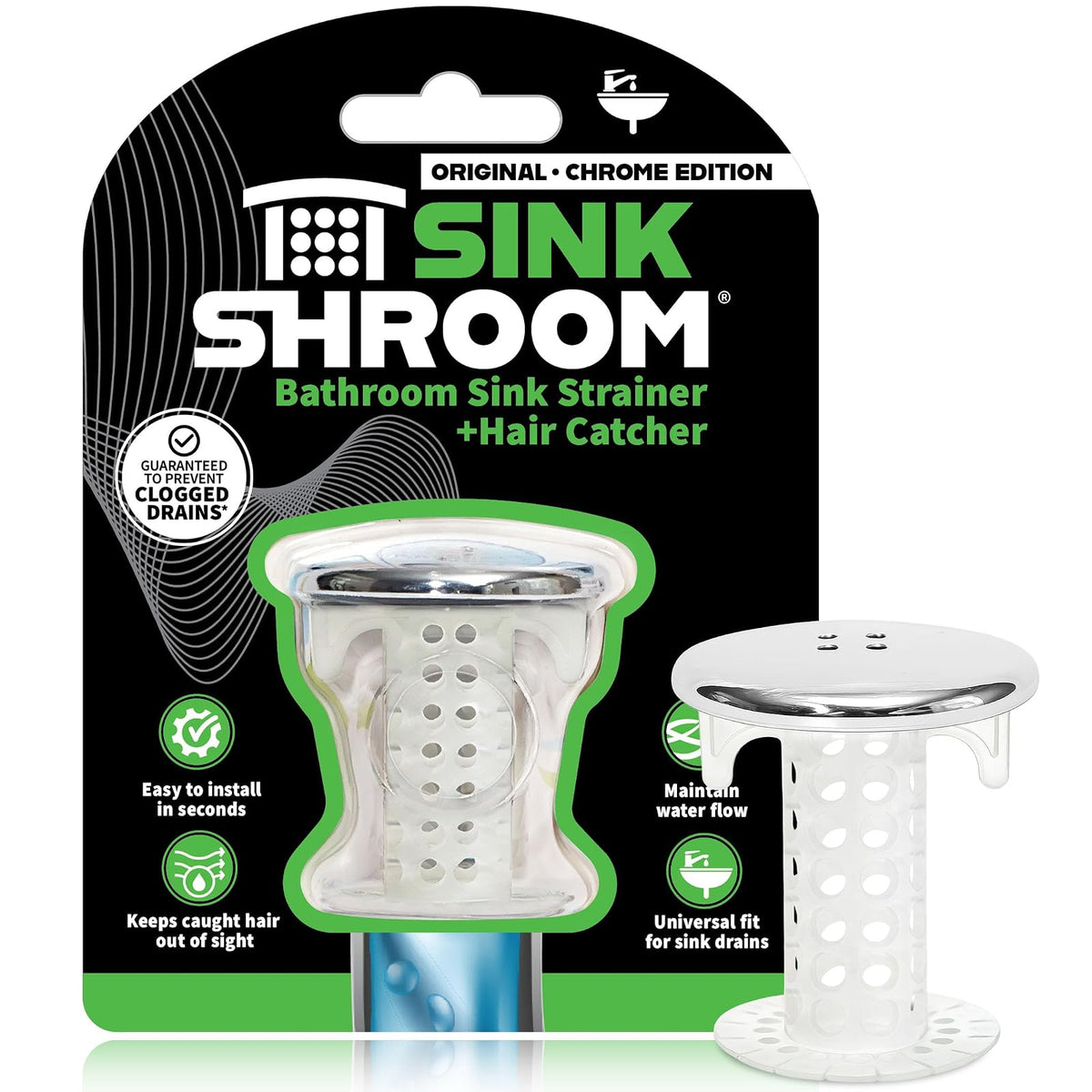 SinkShroom Revolucionario - Protector de Drenaje para Fregadero de baño, colador, Snare, Silicona, Cepillado, edición cromada para Fregadero, 1 a 1.4 Pulgadas