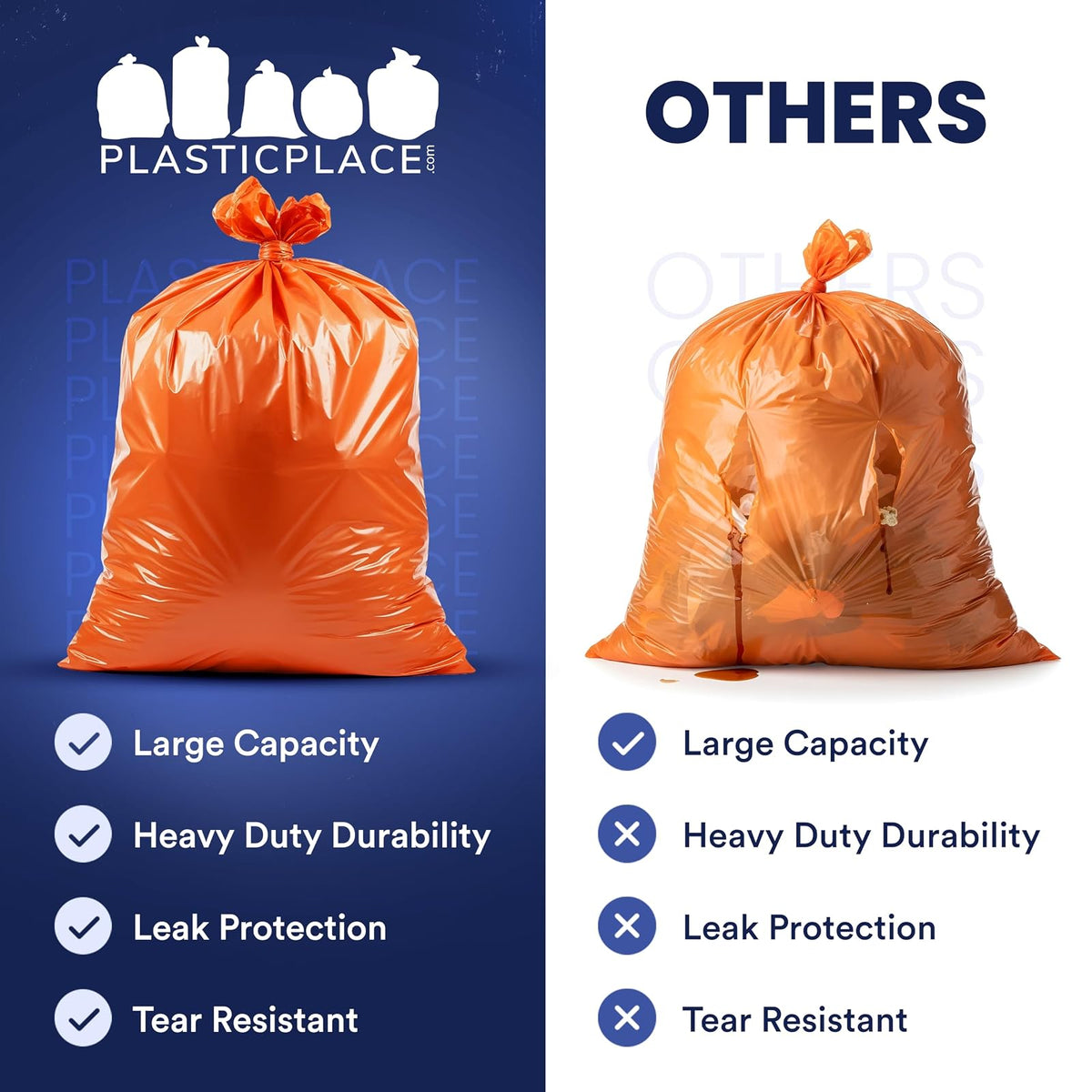 Plasticplace Contractor Trash Bags 42 Gallon - 3.0 Mil, Orange Heavy Duty Garbage Bag 33” x 48” (50 Count)