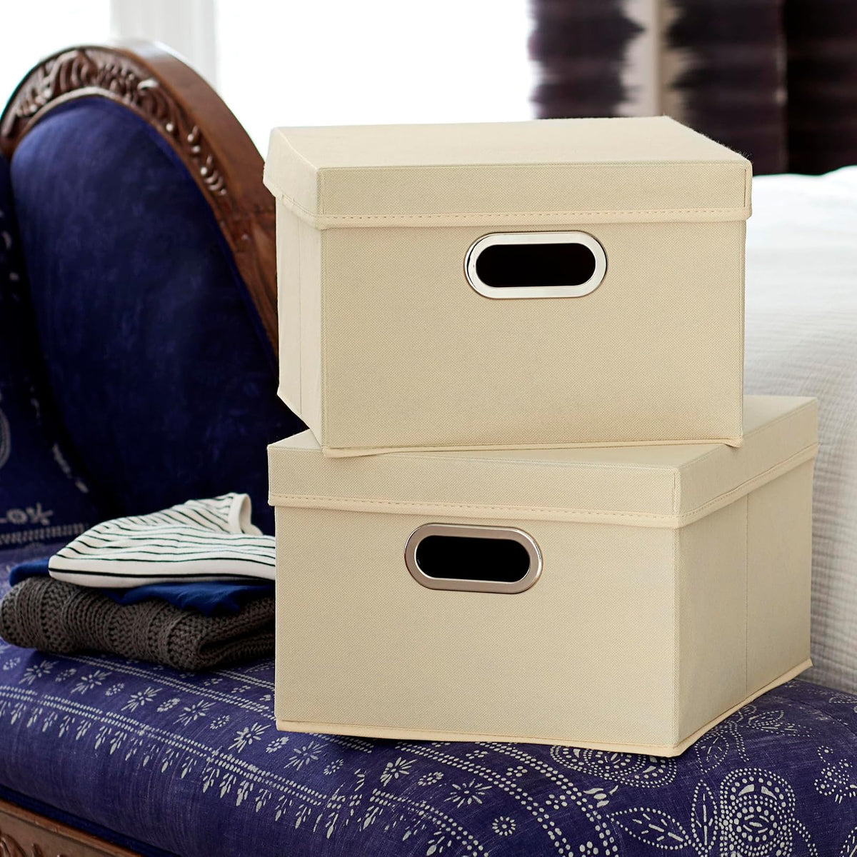 Household Essentials Cajas de Almacenamiento con Tapas y Asas, de Tela, Natural, 1