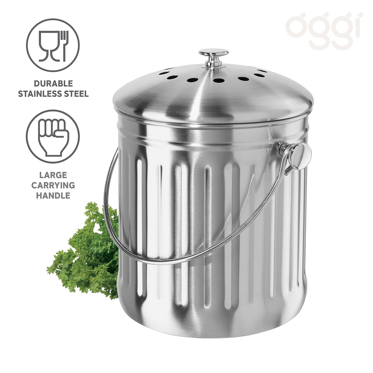 Oggi - Contenedor de compostaje para encimera con Tapa de 1 galón para Interior con Filtro de carbón, contenedor de compostaje de Acero Inoxidable, cubeta Ideal para Cocina y Productos ecológicos