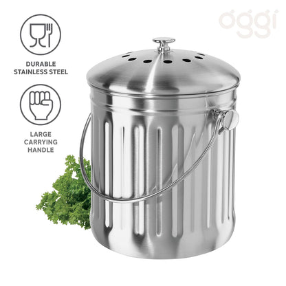 Oggi - Contenedor de compostaje para encimera con Tapa de 1 galón para Interior con Filtro de carbón, contenedor de compostaje de Acero Inoxidable, cubeta Ideal para Cocina y Productos ecológicos