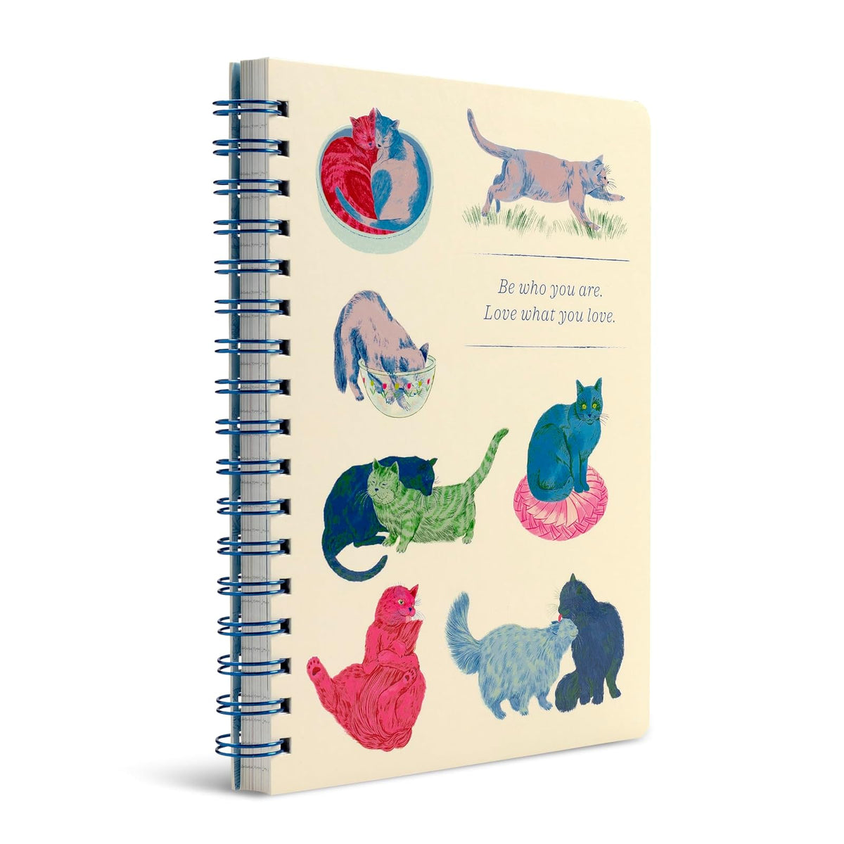 Spiral Notebook: Be Who You Are. Love What You Love. | Tema de gatos, 192 páginas rayadas, 7x9.25 pulgadas, cubierta papel metálico