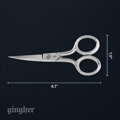 Gingher 4 Inch Curved Embroidery Scissors (01-005273) | Cortes precisos a través de costura y tela, tijeras de acero forjado afiladas, diseño ambidiestro, funda de piel
