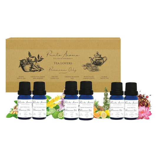 Punto Aroma - Aromaterapia - Set de 6 fragancias para difusor humidificador - Incluye 6 frascos de 10ml - Fragancia Premium (Tea Lovers)