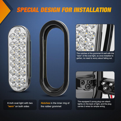 Nilight 6Inch Oval Trailer Tail Light 2PCS White 24LED Back Up Reverse Lights w/Flush Mount Grommets Plugs IP67 Waterproof for 12V Truck ATV UTV Bus RV Camper