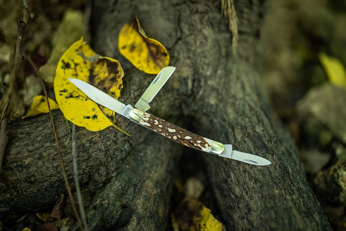 Uncle Henry Next Gen Staglon 807UHCP JR - Cuchillo Plegable de 3 Hojas de 4.8 Pulgadas con Punta de Clip de Acero Inoxidable, pie de Oveja, Cuchillas Spey-Point y Mango de Staglon para Caza, Camping