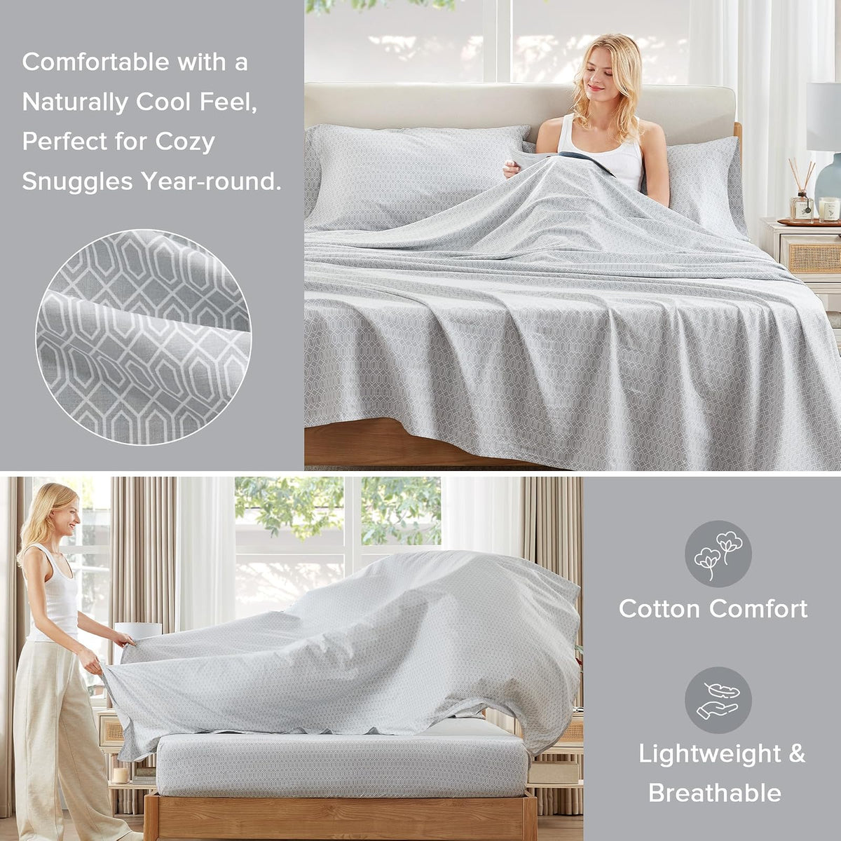 Comfort Spaces - Juego de sábanas 100% algodón Transpirable, Ligero, Suave con Bolsillo elástico de 12 Pulgadas, se Adapta a colchones de hasta 14 Pulgadas, Ropa de Cama acogedora para Todas Las