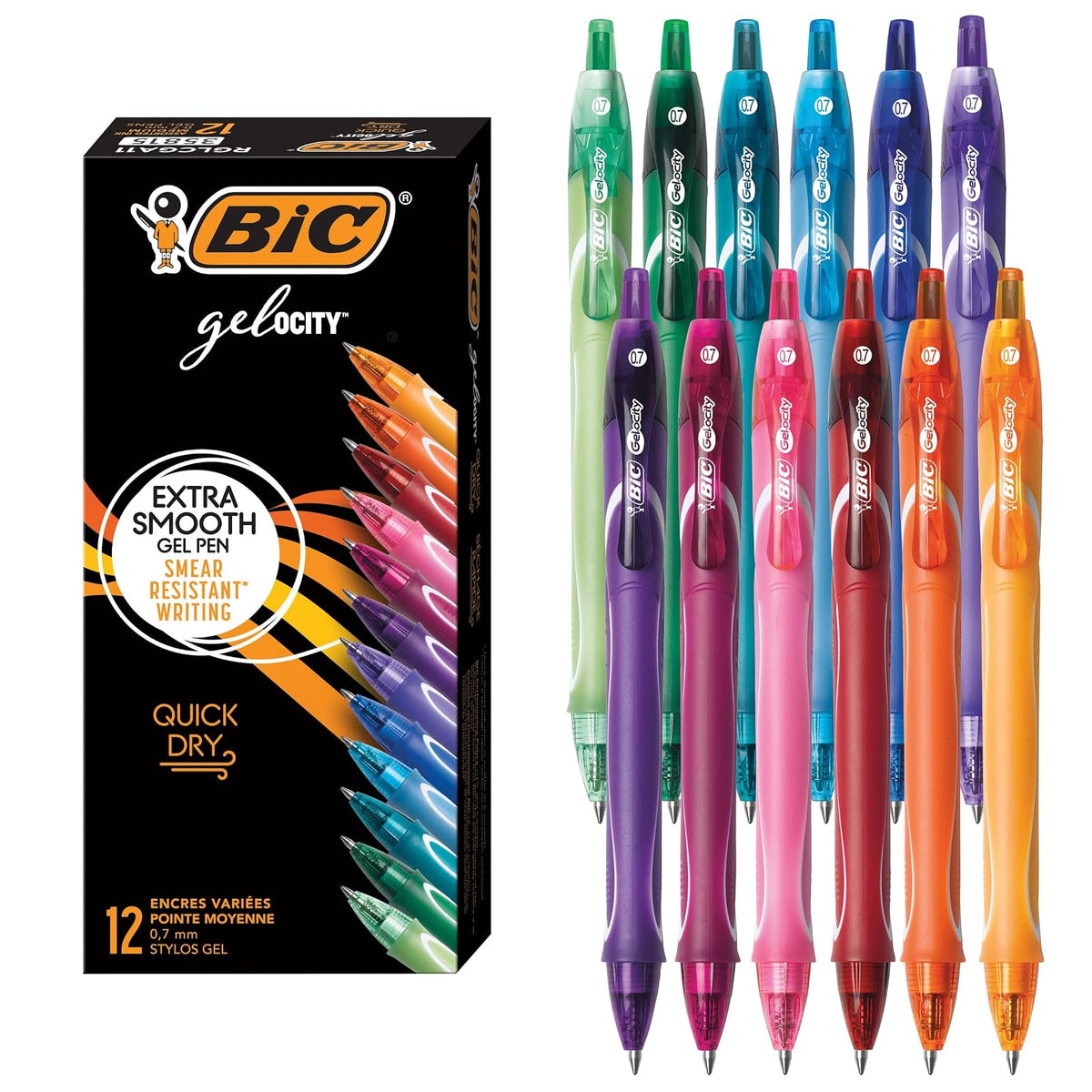 BIC Gelocity Bolígrafos de Gel de Secado Rápido, Colores Surtidos - 12 unidades - Colores Variados