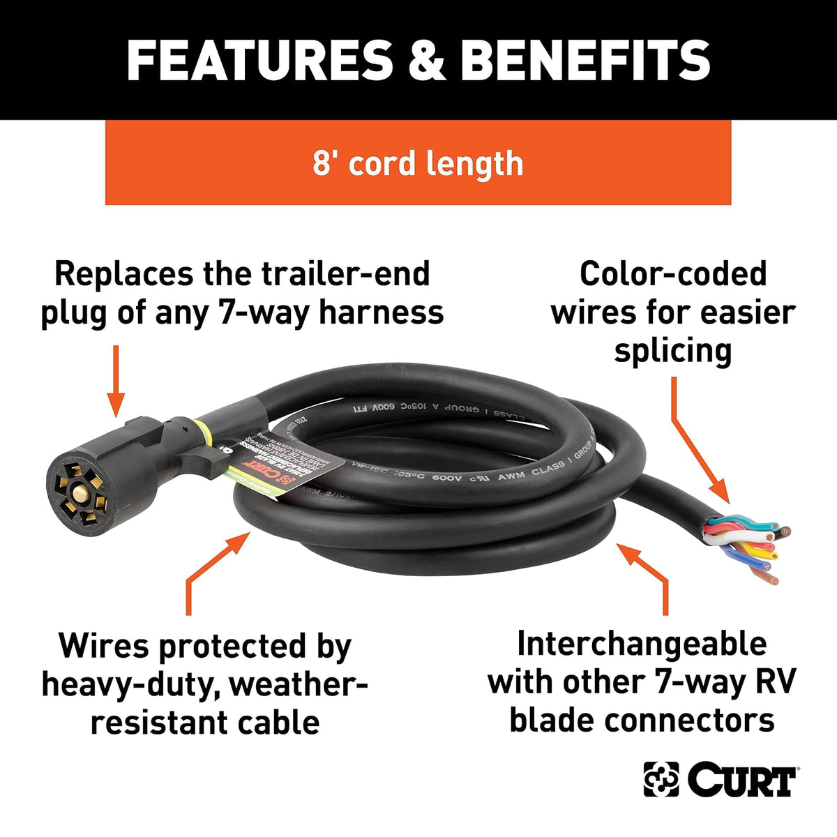 Curt Enchufe de Cableado para Remolque de 7 Pines RV Blade 56622, 2.44 m
