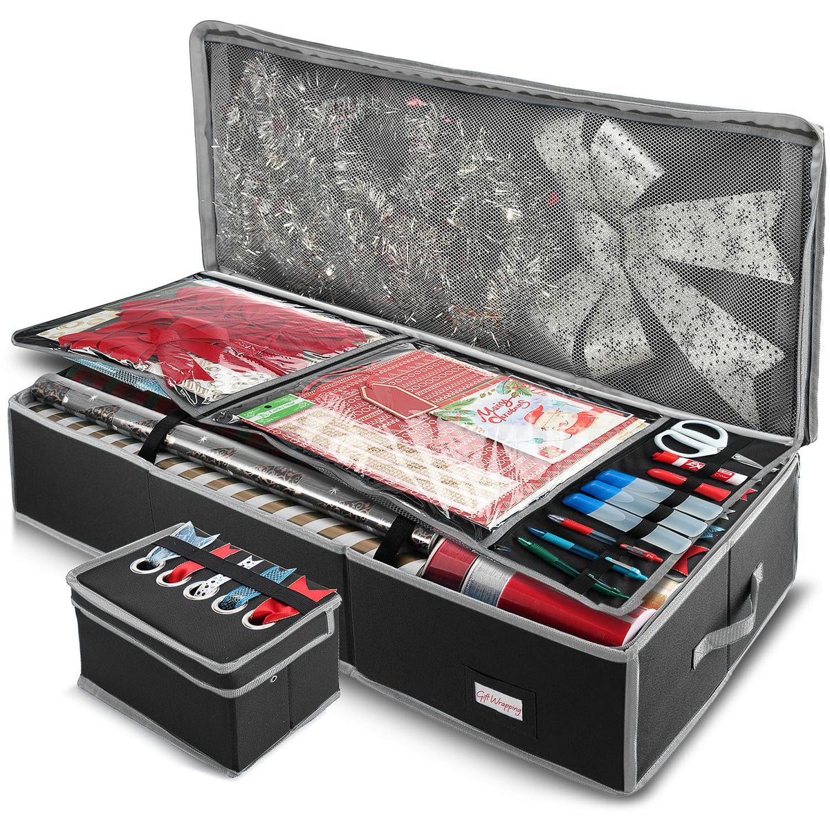 Hearth & Harbor - Contenedor de almacenamiento de papel de regalo con cinta organizador de almacenamiento - Bolsa de almacenamiento de Navidad con bolsillos interiores extras - Organizador de regalo