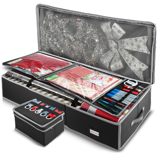 Hearth & Harbor - Contenedor de almacenamiento de papel de regalo con cinta organizador de almacenamiento - Bolsa de almacenamiento de Navidad con bolsillos interiores extras - Organizador de regalo