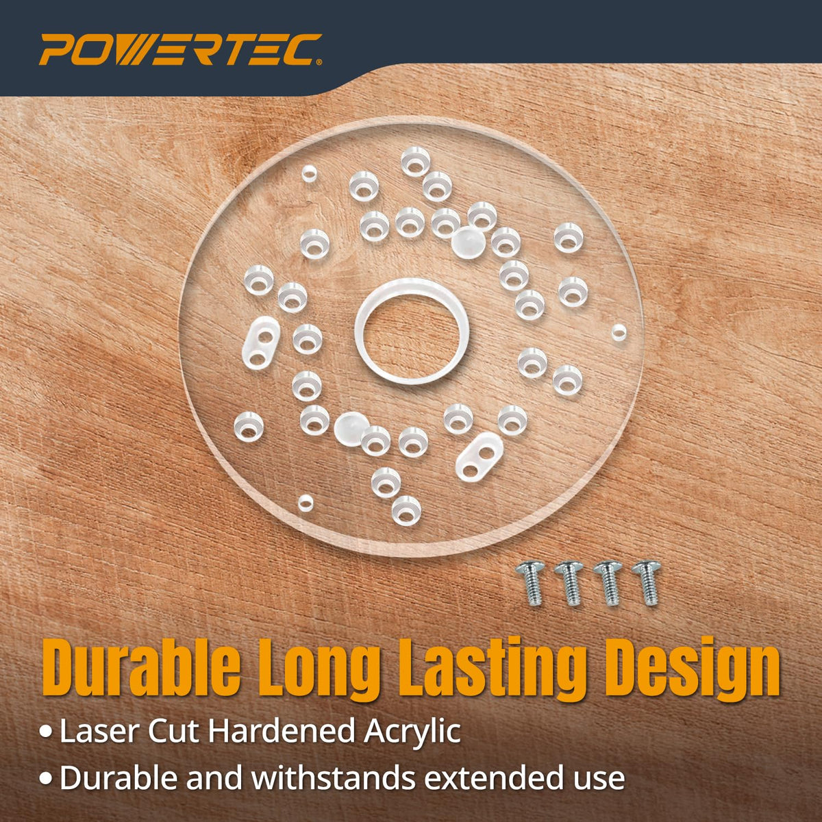 POWERTEC 71381 5-3/4" Universal Trim Router Base Plate | Comes with Installation Screws | Solid 1/4" (6.36mm) Thick Clear Hardened Acrylic | Predrilled Hole Patterns for Easy Install onto Your Router