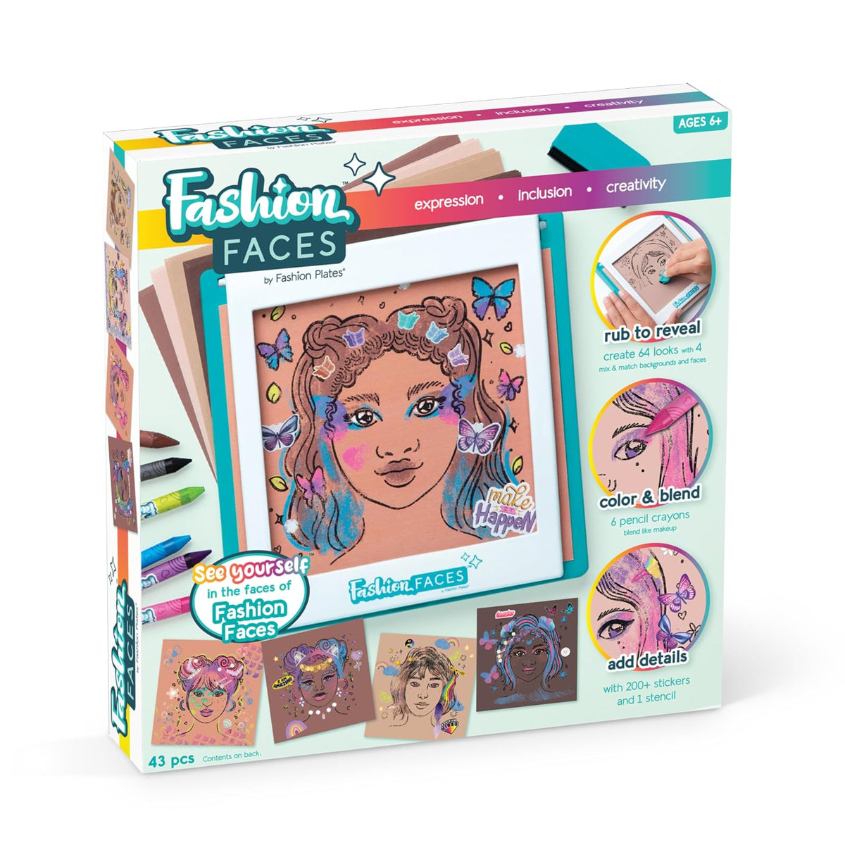 PlayMonster Fashion Faces Kit de Diseño de Moda | Artes y manualidades, niños de 6 años en adelante, incluye placas de frotamiento