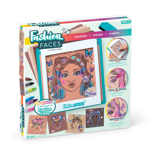 PlayMonster Fashion Faces Kit de Diseño de Moda | Artes y manualidades, niños de 6 años en adelante, incluye placas de frotamiento