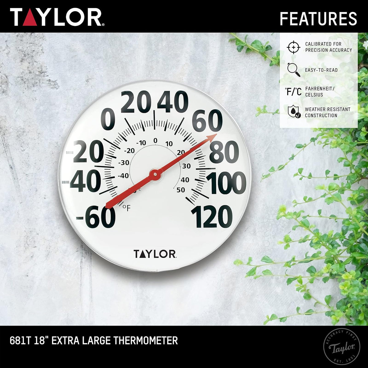 Taylor - Termómetro de pared de metal extragrande para interiores y exteriores, números fáciles de leer para patio, piscina y zonas interiores, 18 pulgadas, color blanco