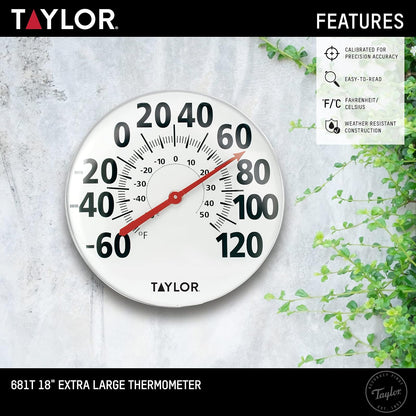 Taylor - Termómetro de pared de metal extragrande para interiores y exteriores, números fáciles de leer para patio, piscina y zonas interiores, 18 pulgadas, color blanco