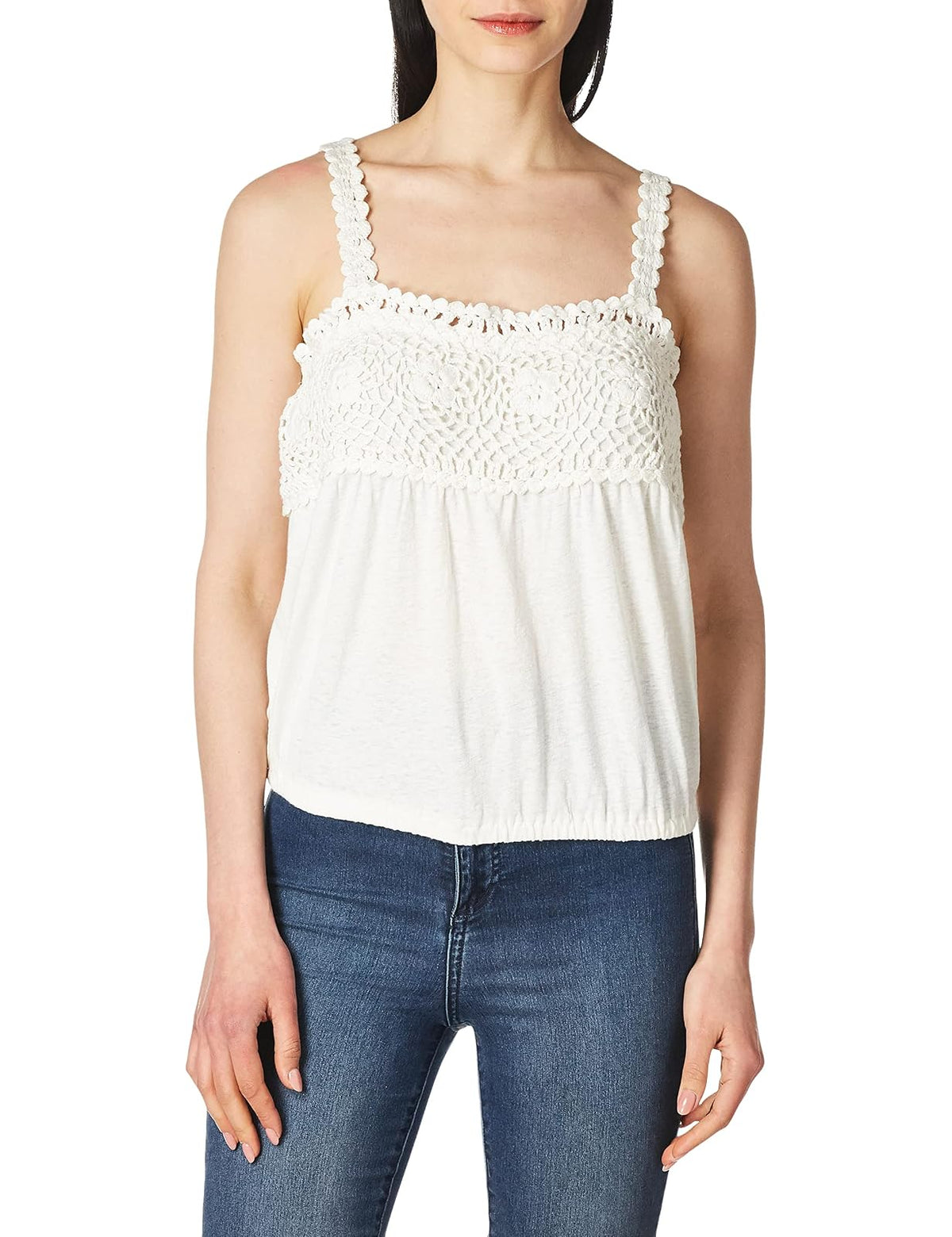 Lucky Brand Top de Ganchillo de Manga Corta con Cuello Cuadrado Blusas Mujer