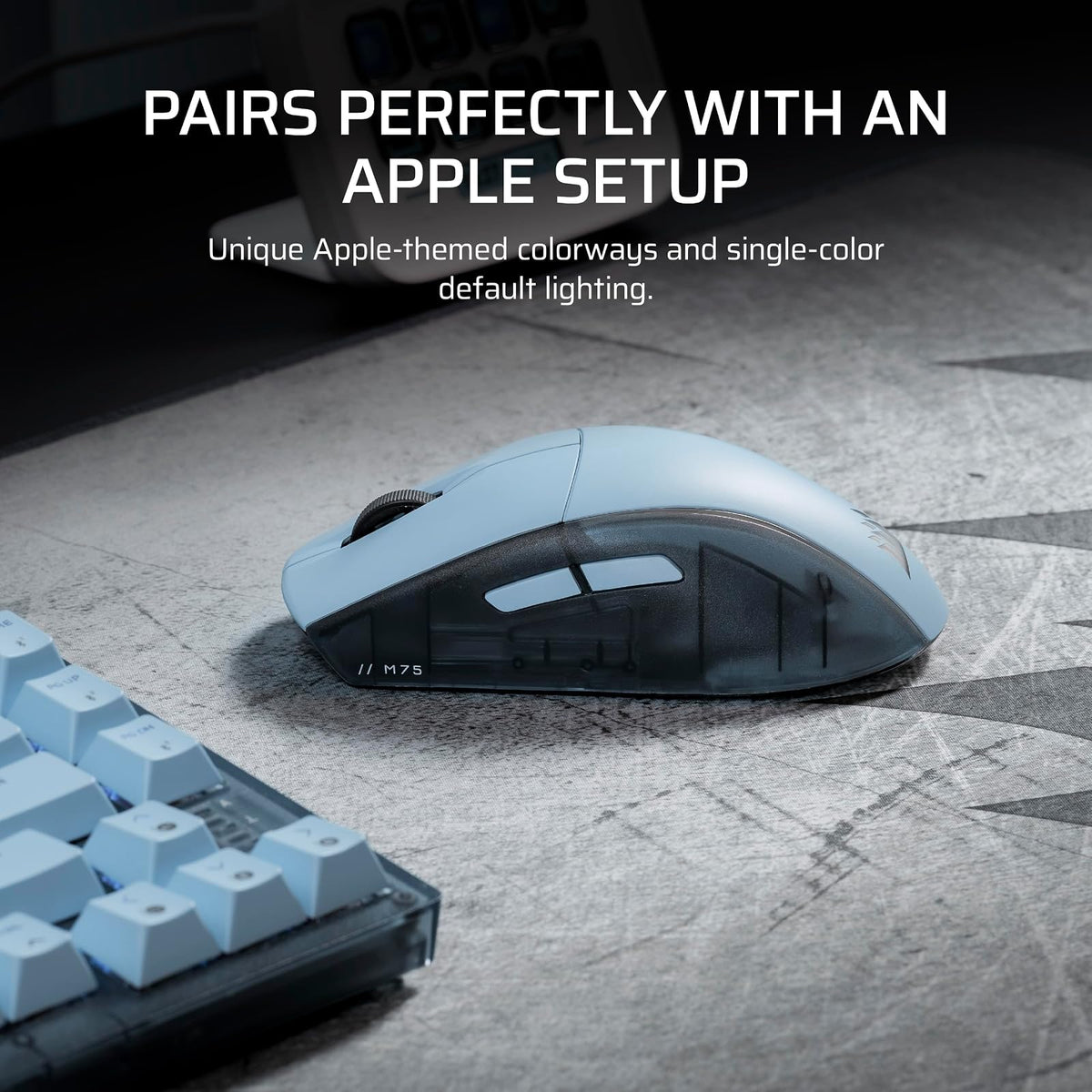 Corsair M75 Mouse inalámbrico RGB Ligero para Juegos para Mac, 26.000 dpi, Botones Laterales Intercambiables, interruptores ópticos, Compatible con iCUE, Azul Glacial