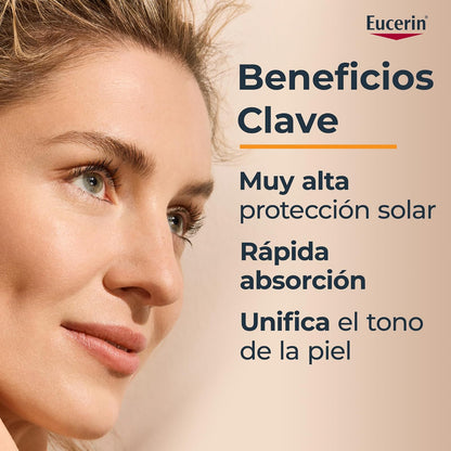 Eucerin Sun Face Hydro-Fluid FPS 50 + Tono Claro 50ml Protector Solar Facial con Color, textura ligera, suave y refrescante. Rápida absorción sin sensación grasosa o pegajosa.