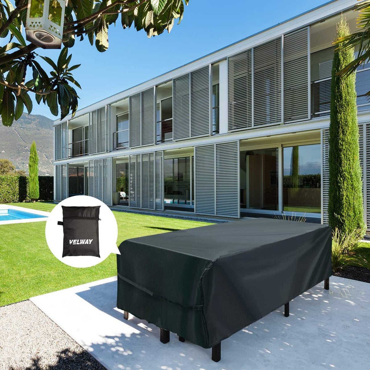 Velway - Funda rectangular para mesa de patio, impermeable, para mesa y sillas al aire última intervensión, 84 pulgadas de largo x 52 pulgadas de ancho x 29 pulgadas de alto, Oxford resistente al