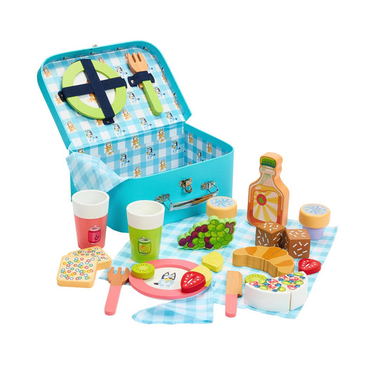 Bluey - Juego de cestas de Picnic - Juego de 30 Piezas de Juguete de rol de Madera con Estuche de Transporte, Cubiertos y Accesorios de Alimentos para niños - Material Certificado FSC - Kit