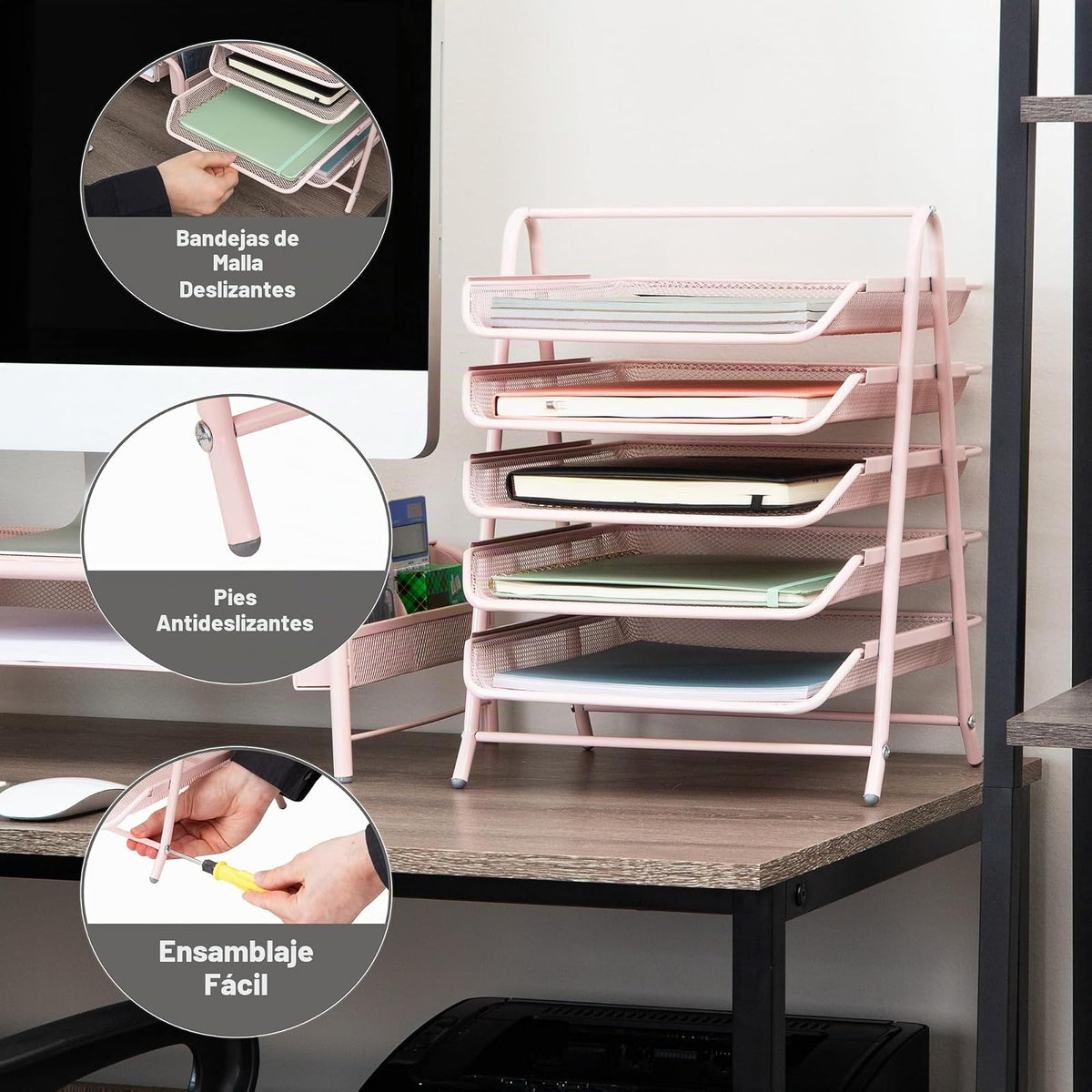 Betesh Mind Reader 5-Tier Paper Tray, Desktop Organizer, File Storage, Workspace, Office, Metal Mesh, 11.75" L x 14" W x 14.5" H, Pink