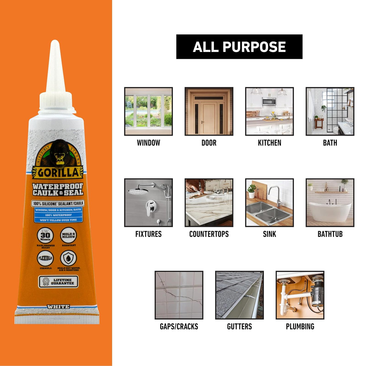 Gorilla - Calafateo 100% silicona, sellador impermeable, tubo de compresión de 2.8 onzas (paquete de 1) – blanco, resistente al moho, cocina, ventana, baño, marina, puerta y más