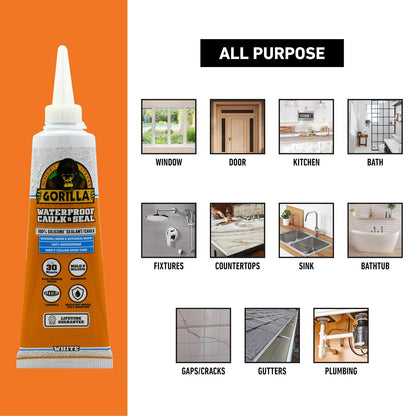 Gorilla - Calafateo 100% silicona, sellador impermeable, tubo de compresión de 2.8 onzas (paquete de 1) – blanco, resistente al moho, cocina, ventana, baño, marina, puerta y más