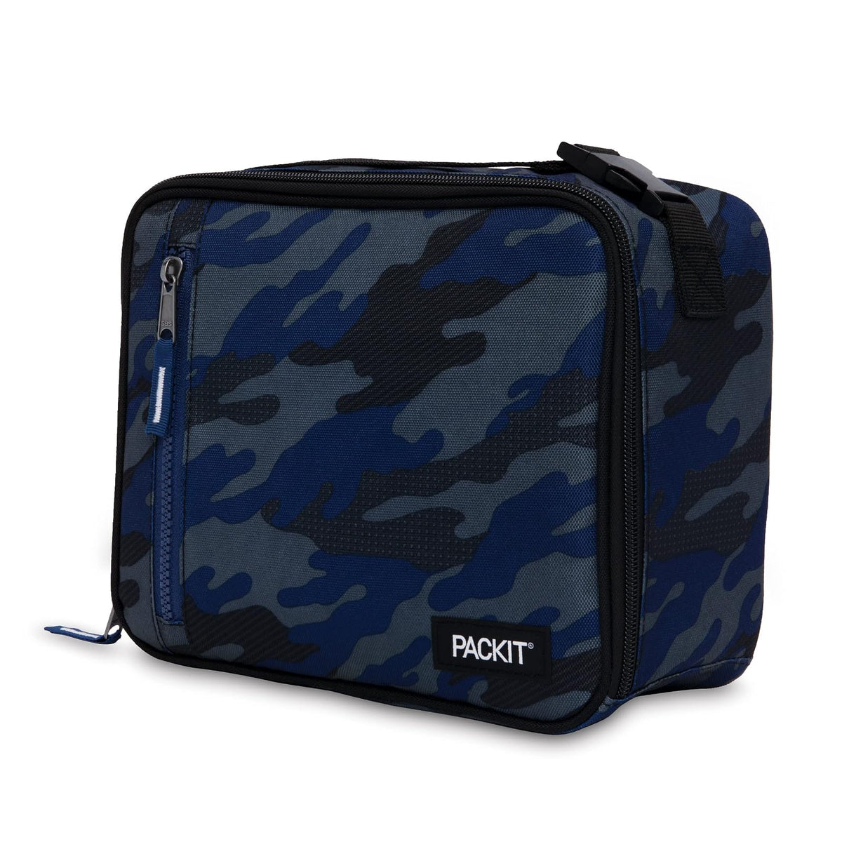 PackIt - Fiambrera Clásica Congelable, Camuflaje Deportivo Azul Marino, EcoFreeze Plegable, Reutilizable, Cierre con Bolsillo Frontal y Asa de Hebilla