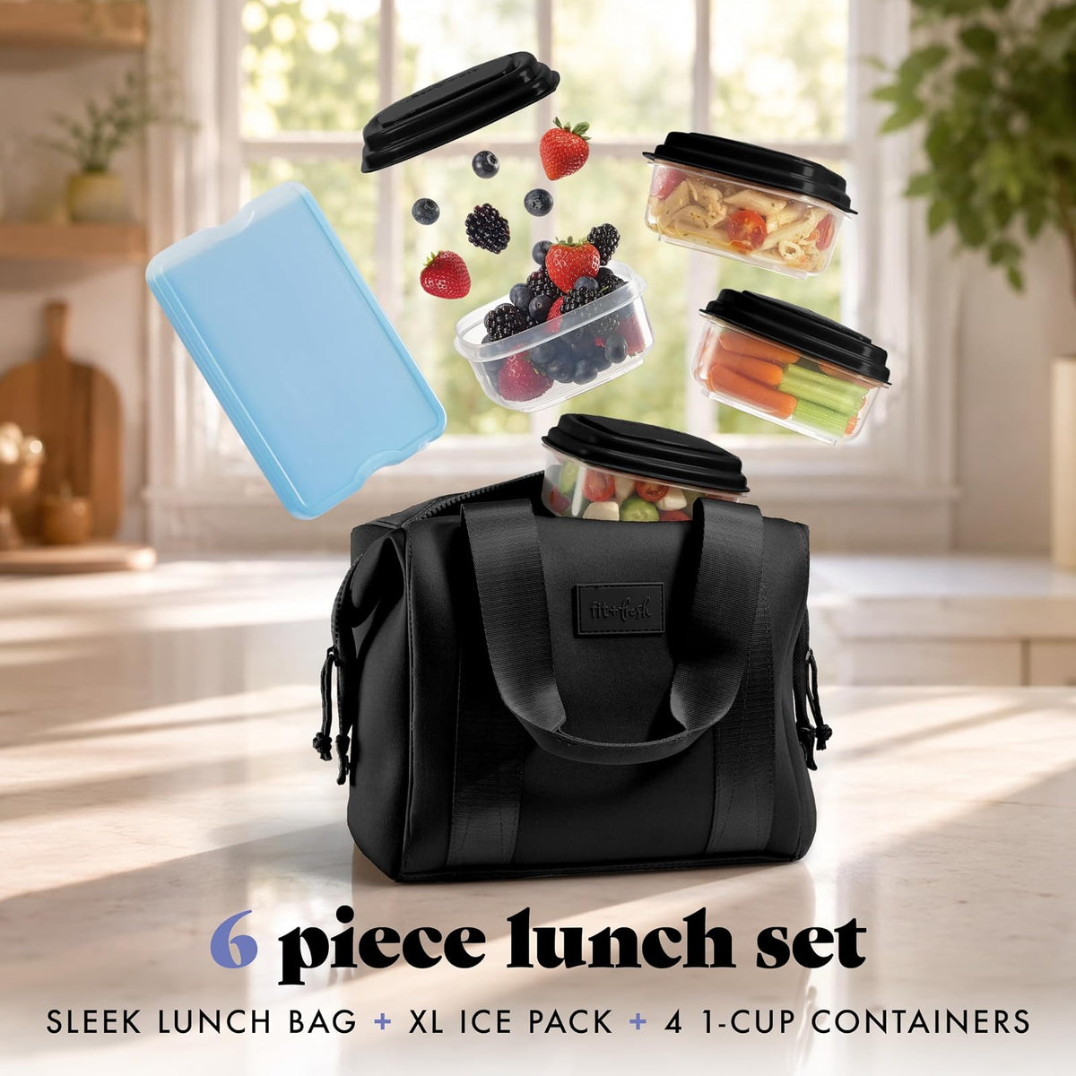 Fit & Fresh Remi - Bolsa de almuerzo de neopreno para mujer, kit de preparación de comidas con contenedores y paquete de hielo XL, material autoaislante, tipo neopreno, bolsa de almuerzo lavable a