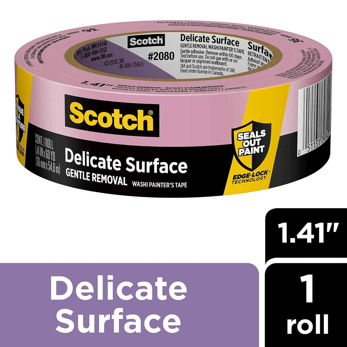 Scotch Cinta de Pintor Delicada 2080EL-36E | 1.4 pulg x 60 yds, 1 rollo, color púrpura, tecnología Edge-Lock