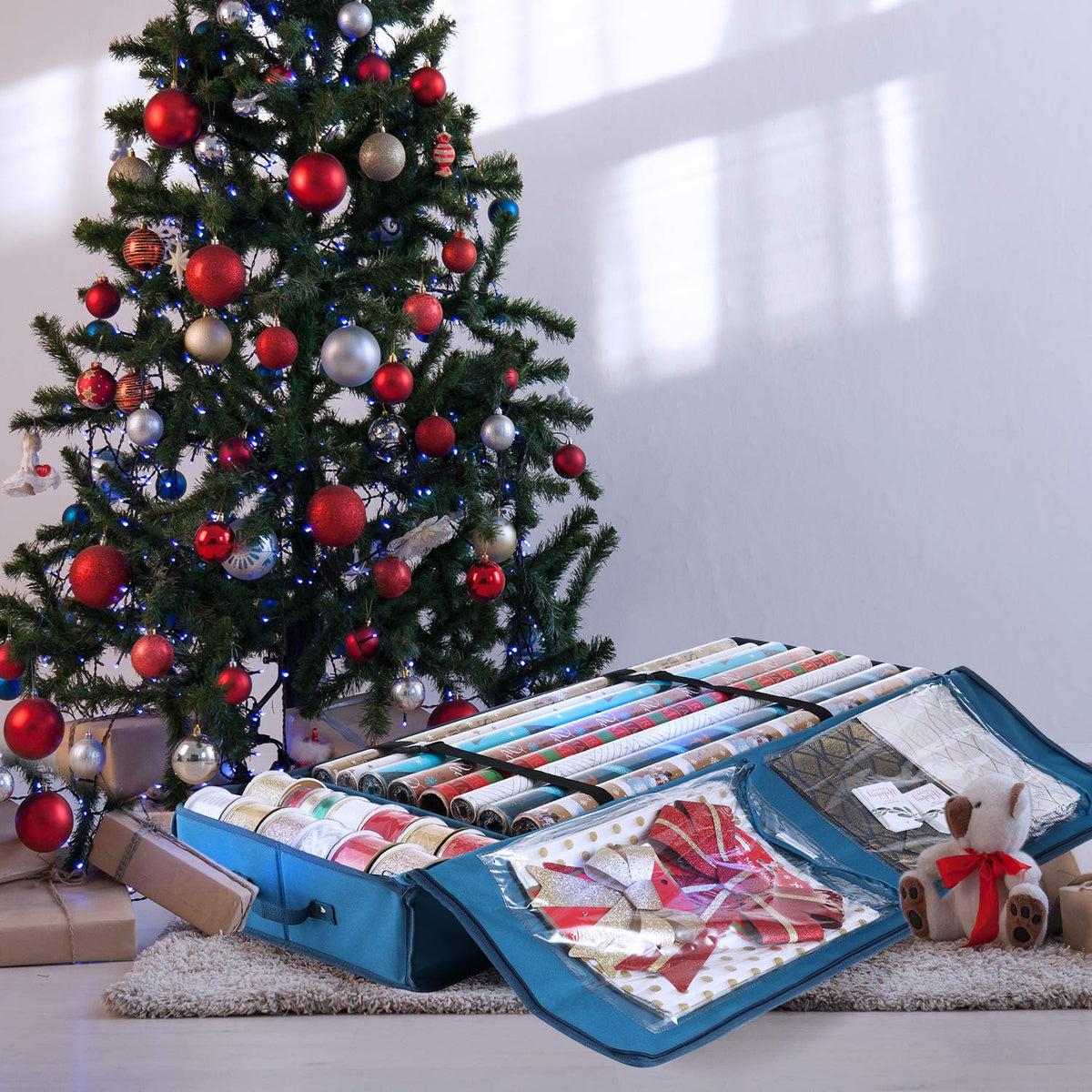 Hearth & Harbor - Contenedor de almacenamiento de papel de regalo, bolsa de almacenamiento de Navidad con bolsillos interiores, organizador de papel de regalo, se adapta a hasta 22 rollos de 40