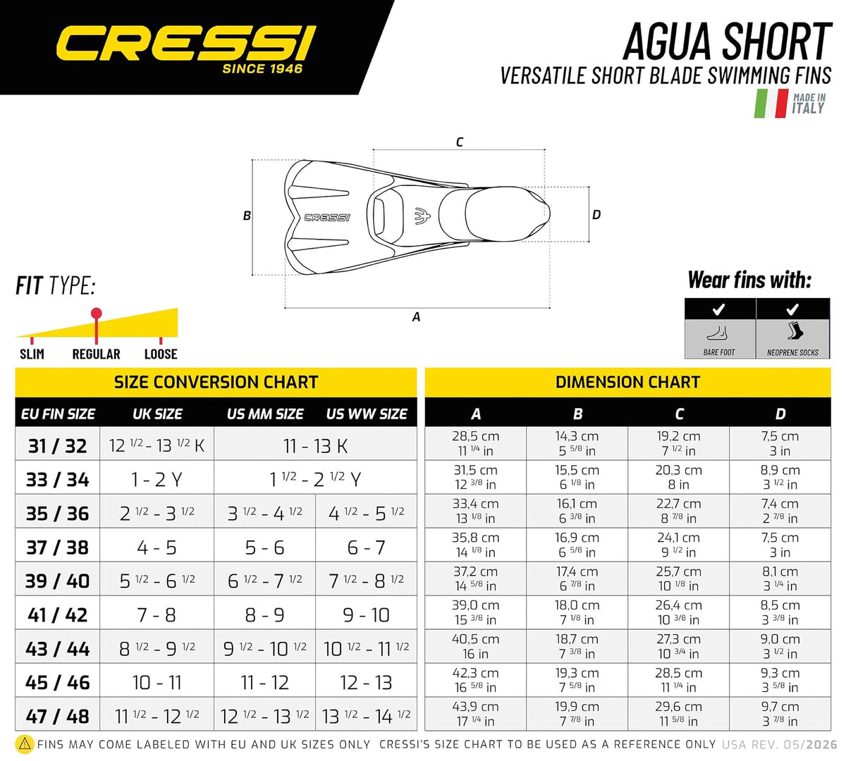 Cressi - Aletas Cortas con Bolsillo para pies completos para Nadar o Entrenar en la Piscina y en el mar, Ligero: Fabricadas en Italia