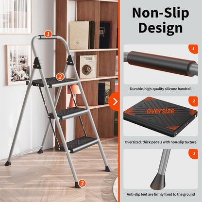 DIAMONDFORGE - Escalera de 3 Peldaños Plegable, Antideslizante, Acero de 900 Libras, Negro, IL3LBK1