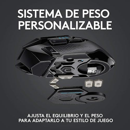 Logitech G502 Lightspeed Mouse Inalámbrico Gamer, Hero 25K, 25,600 dpi, RGB, Peso Reducido, 11 Botones Programables, Batería de Larga Duración, con POWERPLAY, PC, Color Negro