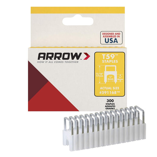 Arrow 591168 - Grapas aisladas de acero auténtico T59 de 1/4 pulgadas por 1/4 de ancho de corona para cable y cableado, transparente, 300 unidades