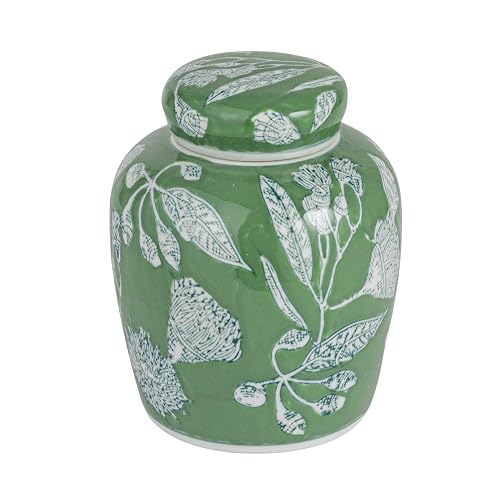 Creative Co-Op Tarro Decorativo Jengibre Verde | Cerámica, verde y blanco, 6.5" alto, tapa extraíble, patrón floral