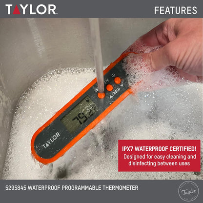 Taylor Digital - Termómetro digital impermeable para alimentos y carne, con una sonda plegable, preajustes programables, visualización retroiluminada para horno, parrilla, ahumador y barbacoa, incluye