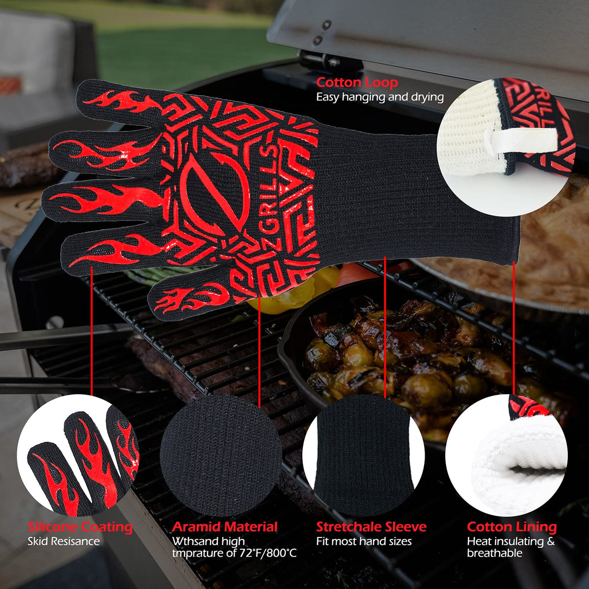 Z GRILLS Guantes de parrilla para barbacoa de 1880 °F, resistentes al calor, guantes de silicona resistentes al calor, guantes para ahumar, tamaño universal para barbacoa, hornear, freír, soldar, cortar