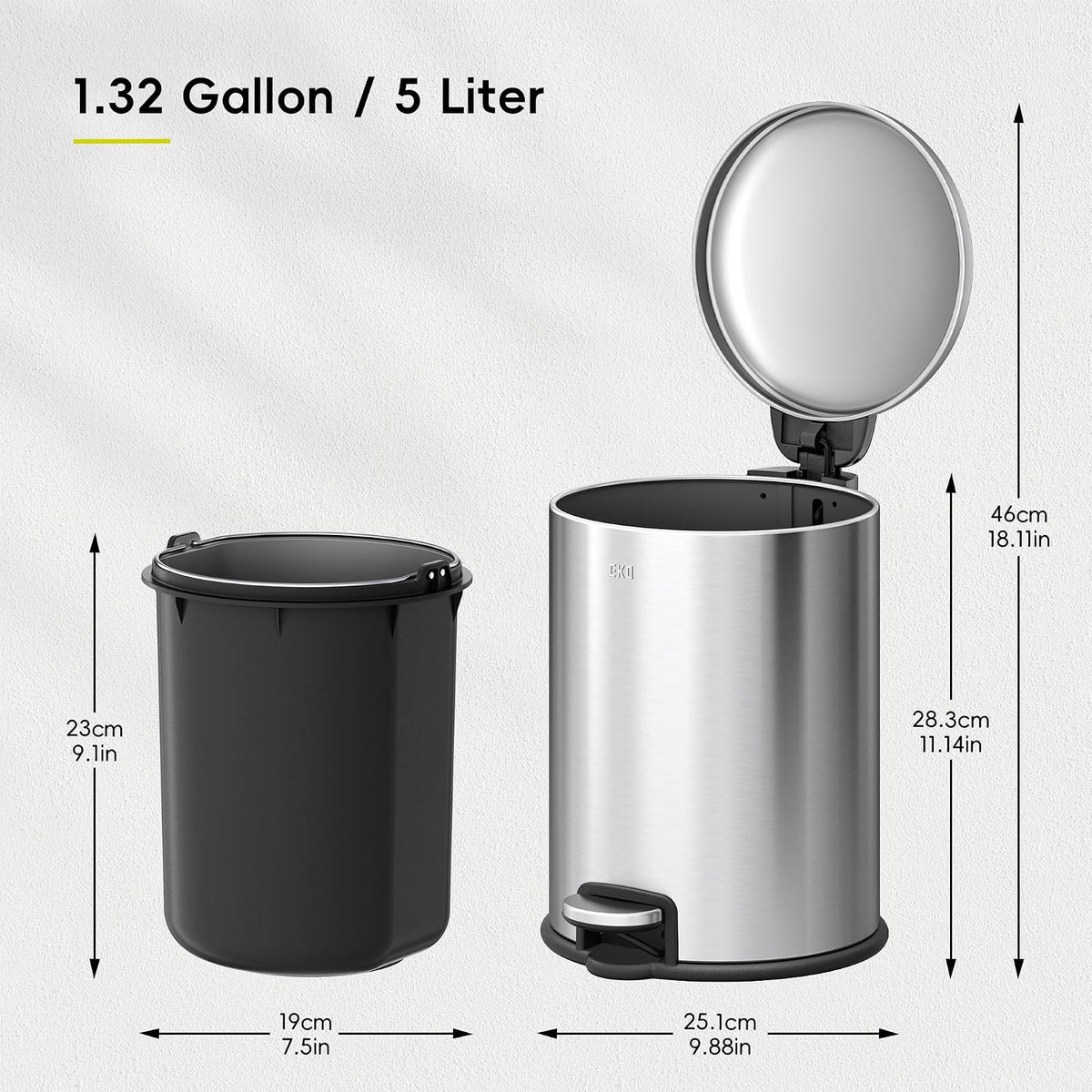 EKO Serene Bote de Basura Baño 5L con Tapa y Cubeta Extraíble