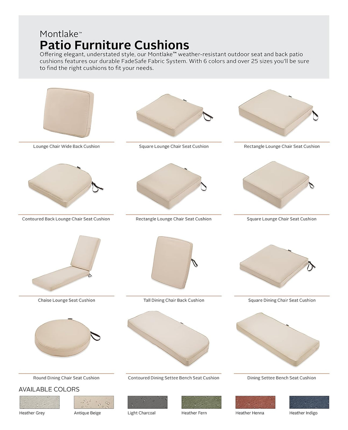 Classic Accessories Montlake - Funda de cojín para asiento de patio, Beige antiguo, 25" x 25" x 5" thick