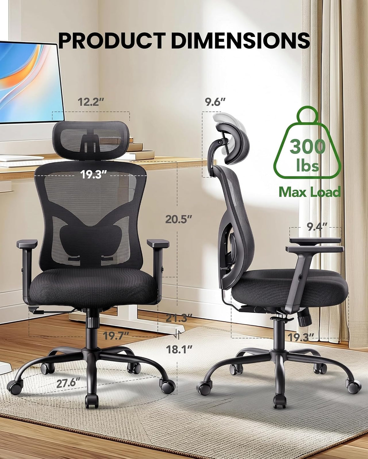 Marsail Silla ergonómica de malla de oficina con respaldo alto, soporte lumbar ajustable con reposacabezas abatible con brazos elevables, silla giratoria para computadora para personas grandes y altas