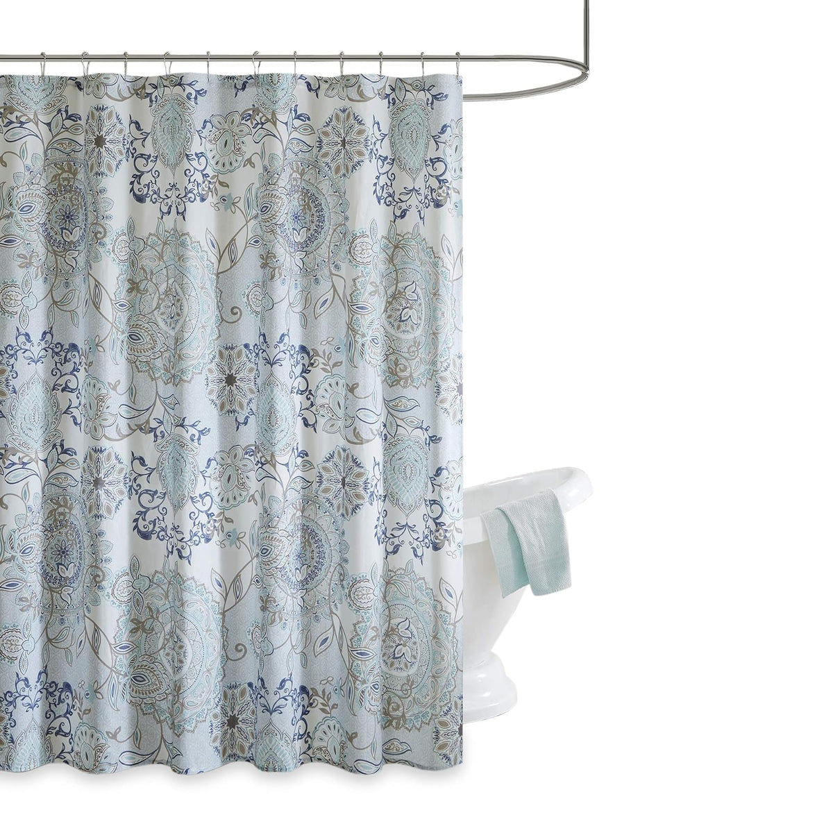 Madison Park Isla Cortina de Ducha de percal 100% algodón con medallón Floral, diseño Bohemio Impreso en Acuarela, Bonita Cortina de baño de 72 x 72 Pulgadas, Color Azul