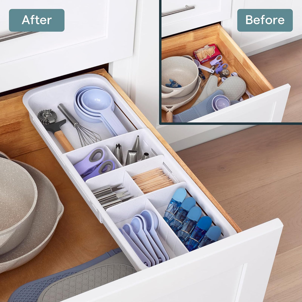 YouCopia DrawerFit - Bandeja deslizante para cajones con divisores ajustables, organizador de almacenamiento de cocina ampliable, color blanco moteado