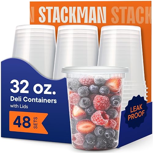 Stack Man [48 juegos - Contenedores desechables de plástico de 32 onzas con tapas herméticas